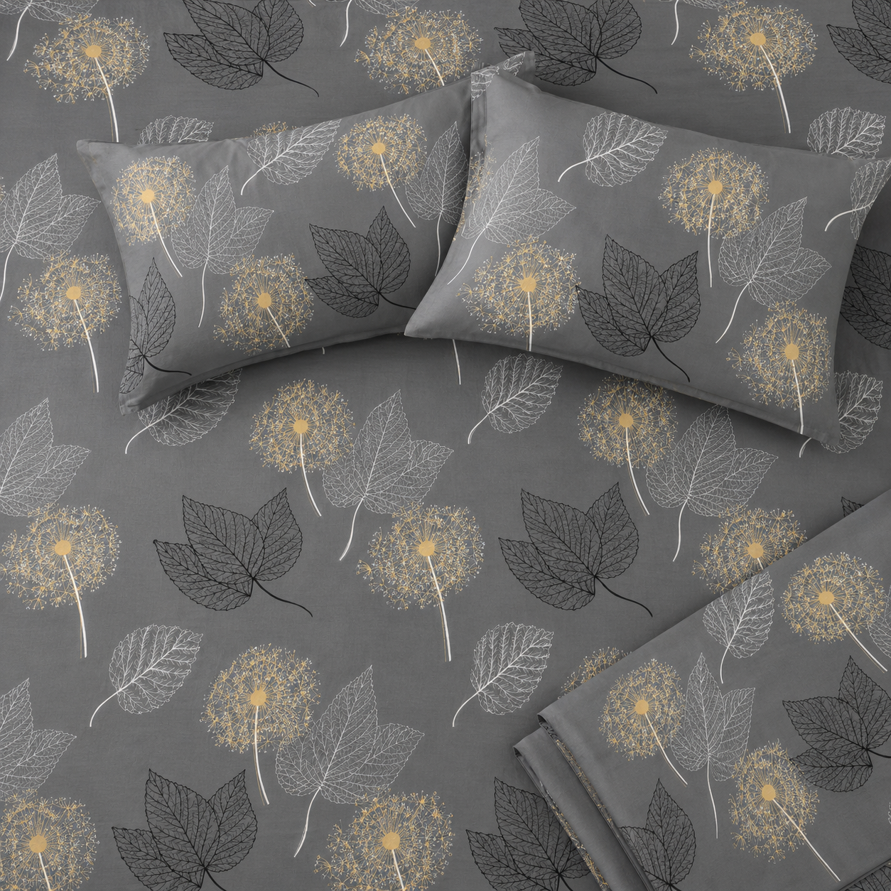Grey Botanical Leaf Print Bedsheet