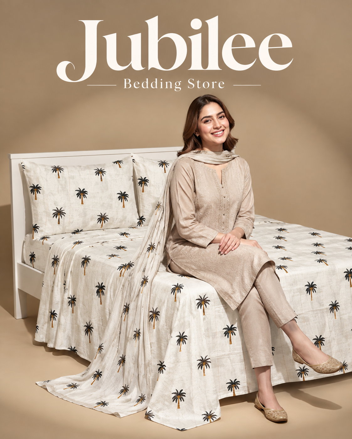 Jubilee Tropical Palm Print Bedsheet Set – White