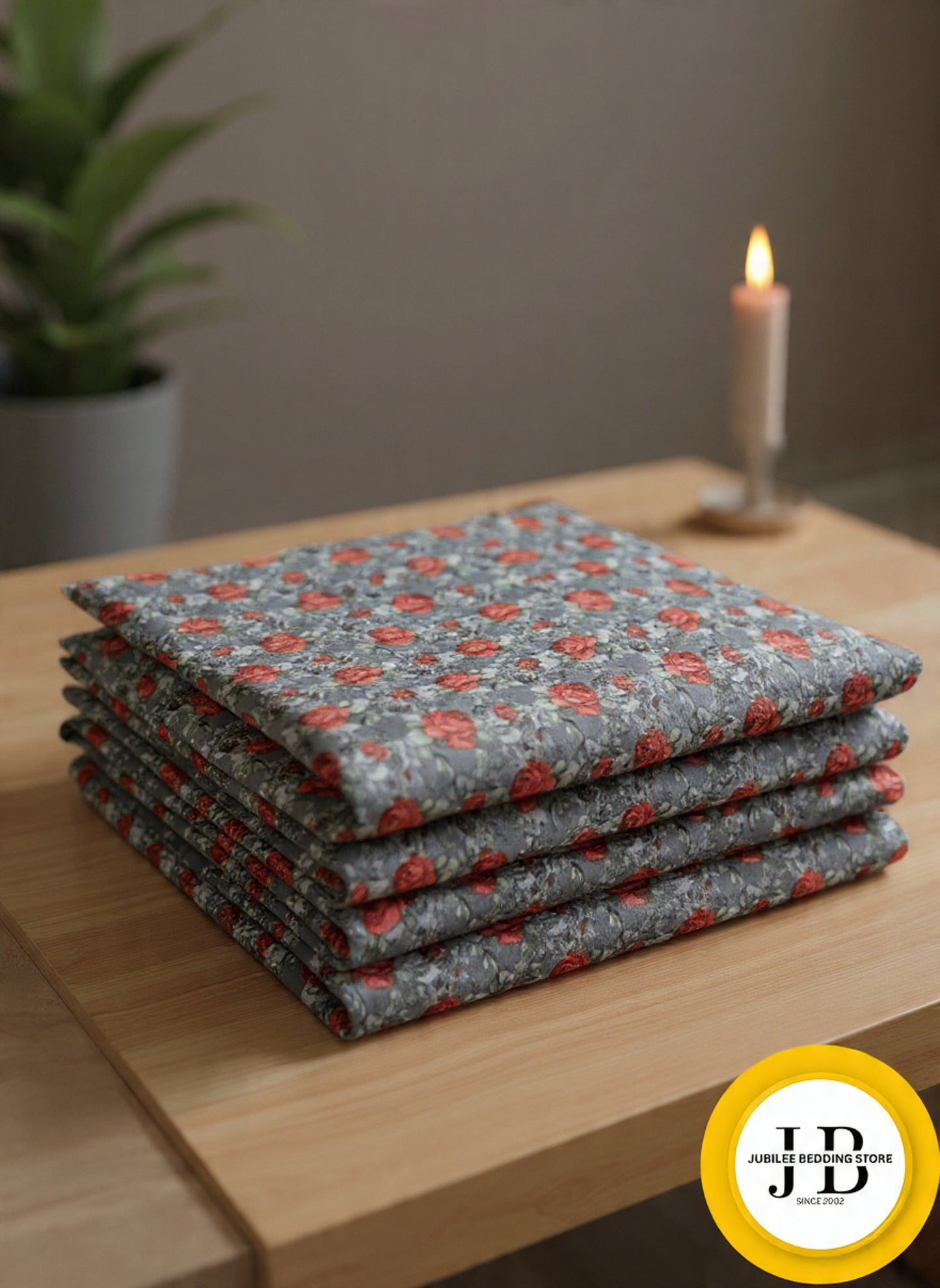 “Grey Botanical Charm Bedsheet – Elegant Pink & Red Floral Pattern, Premium Fabric”