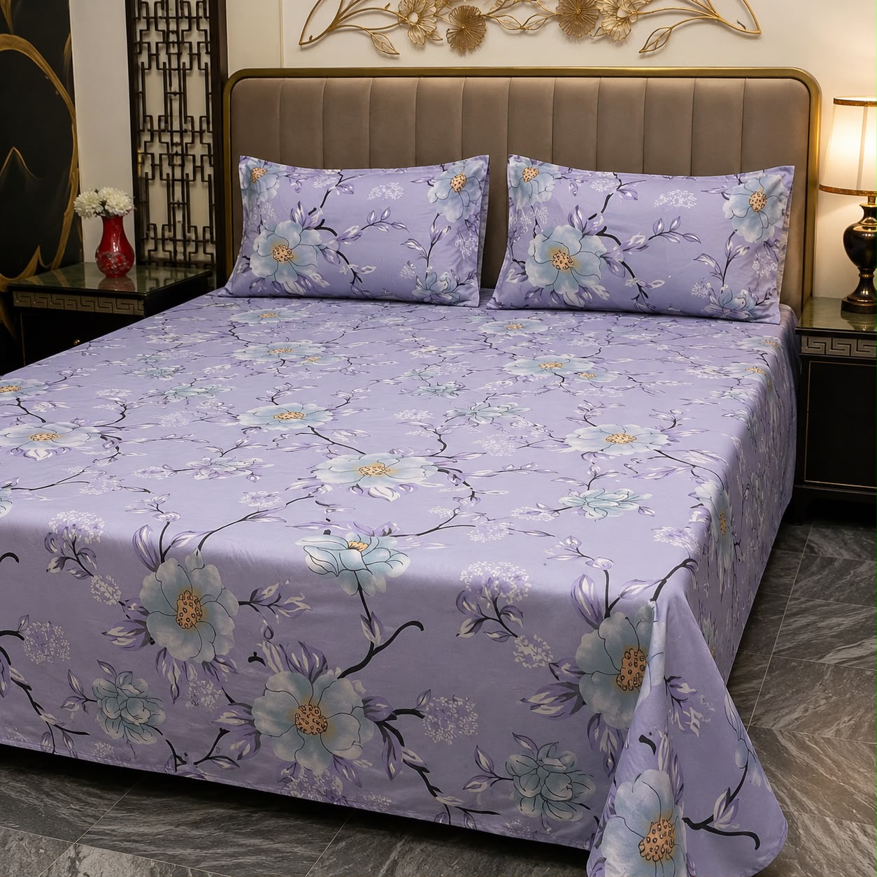 Taupe Floral Outline Pure Cotton  Bedsheet