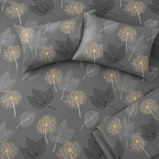 Grey Botanical Leaf Print Bedsheet