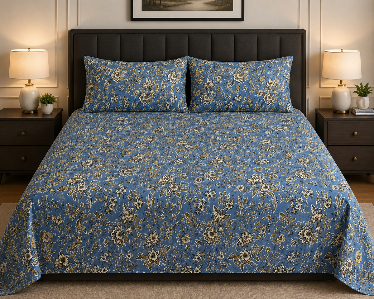 Blue Blossom  Timeless Micro Cotton Bedsheet