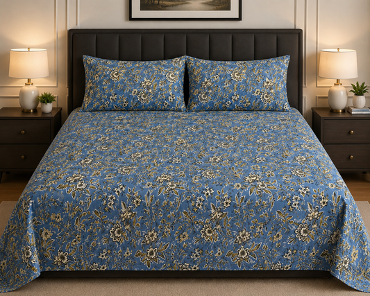 Blue Blossom  Timeless Micro Cotton Bedsheet