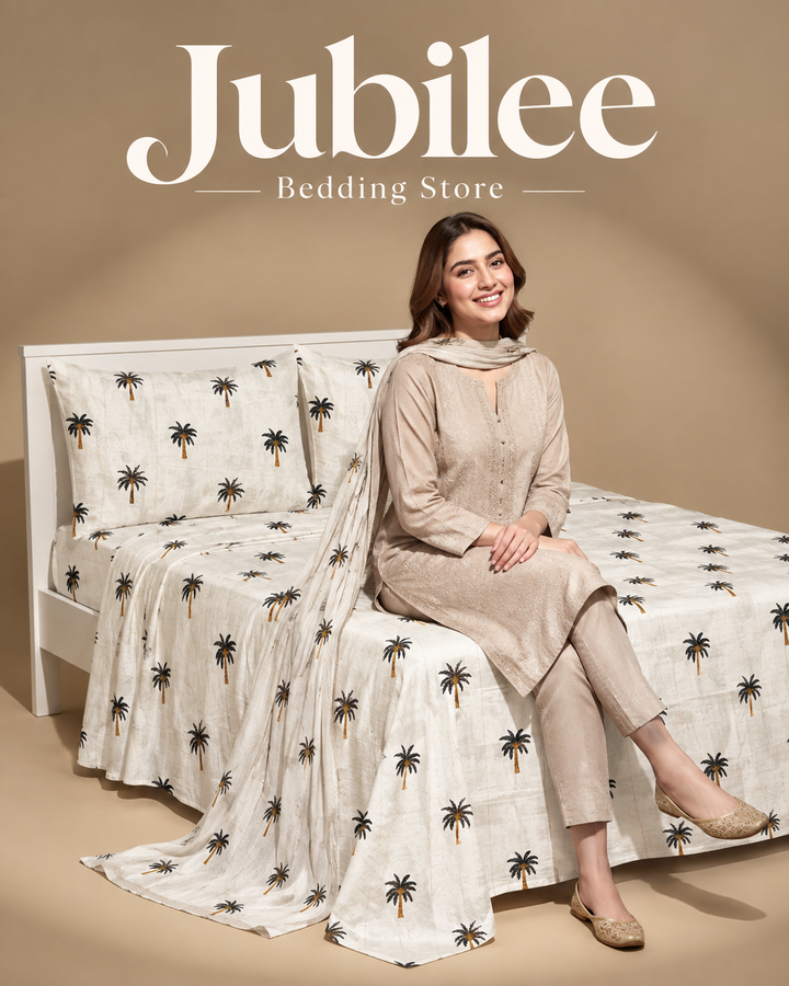 Jubilee Tropical Palm Print Bedsheet Set – White
