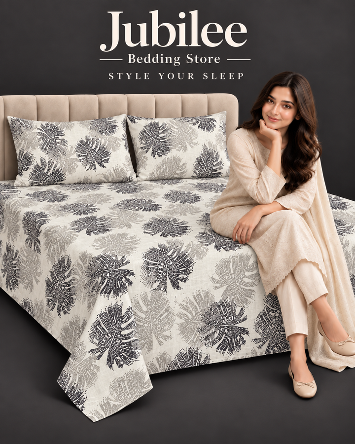 Jubilee Botanical Leaf Printed Bedsheet Set | Premium Floral Design Double Bed Sheet with Pillow Covers
