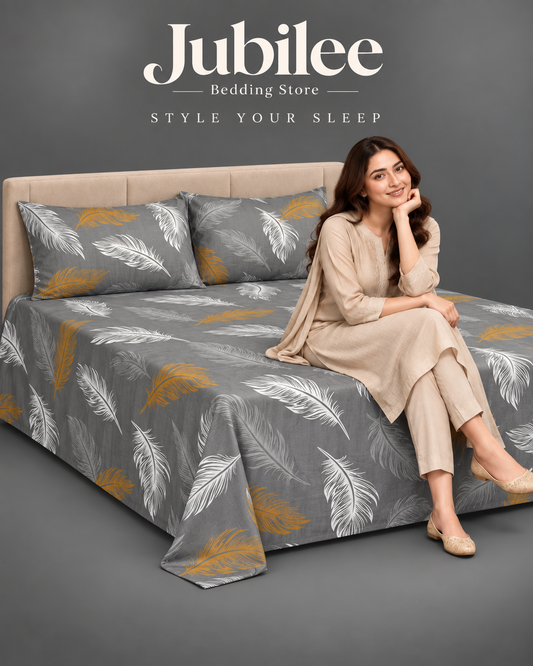 Grey Feather Print Cotton Bedsheet