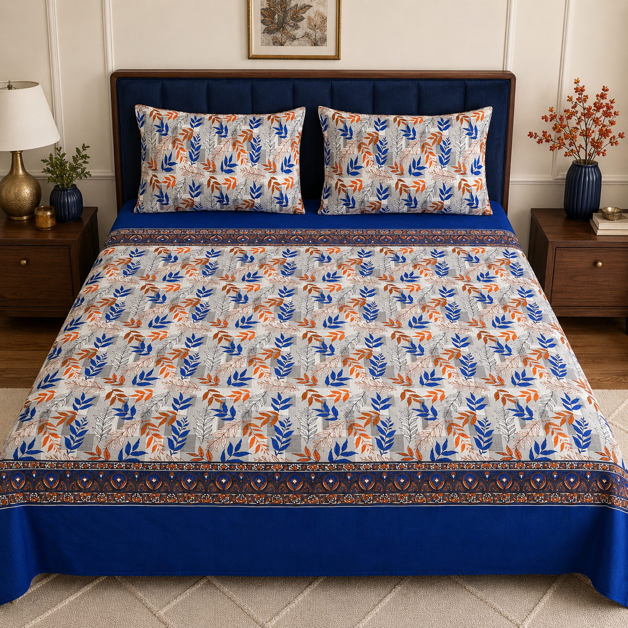 Cobalt Autumn Leaves Micro Cotton Bedsheet