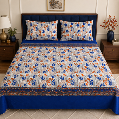 Cobalt Autumn Leaves Micro Cotton Bedsheet