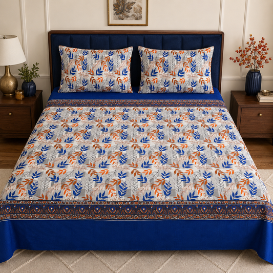 Cobalt Autumn Leaves Micro Cotton Bedsheet