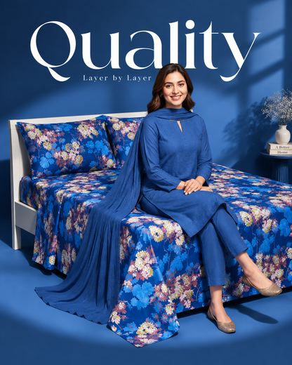 Mauve Hydrangea Bedsheet – Rich Blue Floral Satin Bedsheet
