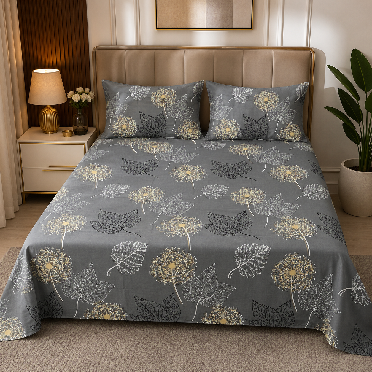 Grey Botanical Leaf Print Bedsheet