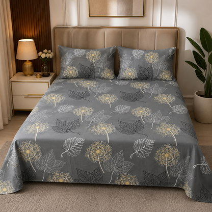 Grey Botanical Leaf Print Bedsheet