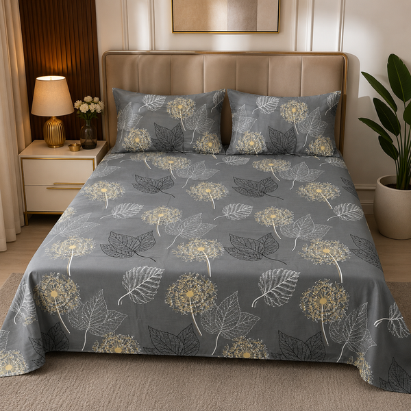 Grey Botanical Leaf Print Bedsheet
