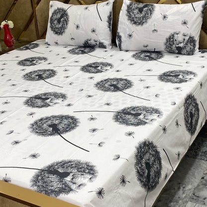 White & Black Dandelion Print King Size Bedsheet Set