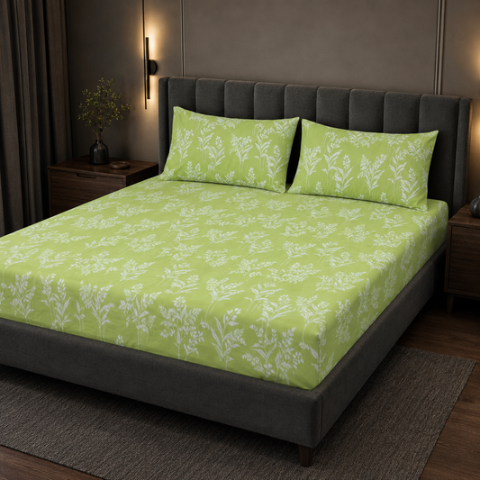 Light Green Floral  Cotton Bedsheet
