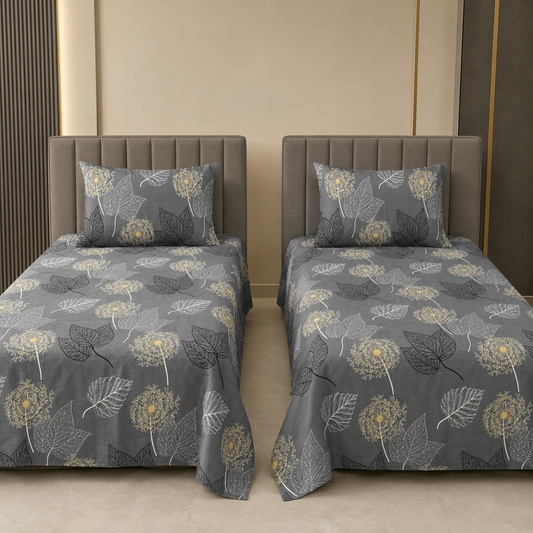 Grey Botanical Leaf Print Single Bedsheet