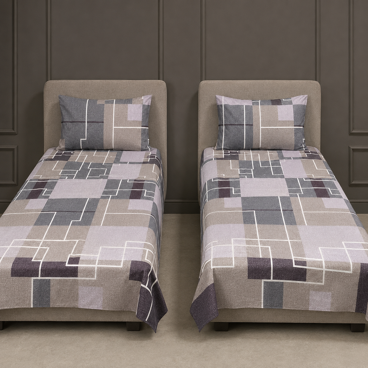 Greige Geometric Blocks Pure Cotton Single Bedsheet