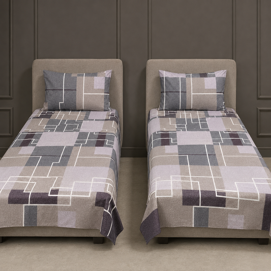 Greige Geometric Blocks Pure Cotton Single Bedsheet