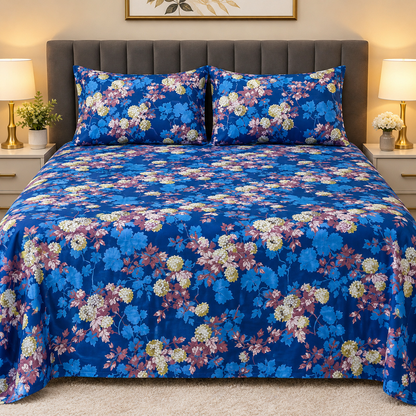 Mauve Hydrangea Bedsheet – Rich Blue Floral Satin Bedsheet