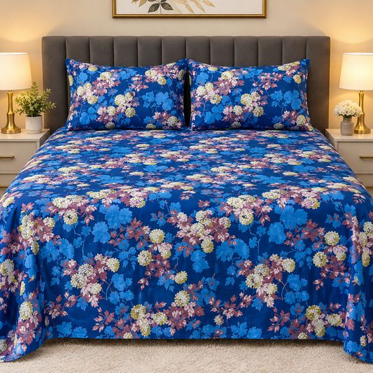 Mauve Hydrangea Bedsheet – Rich Blue Floral Satin Bedsheet