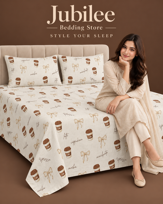Coffee Theme Printed Bedsheet Set