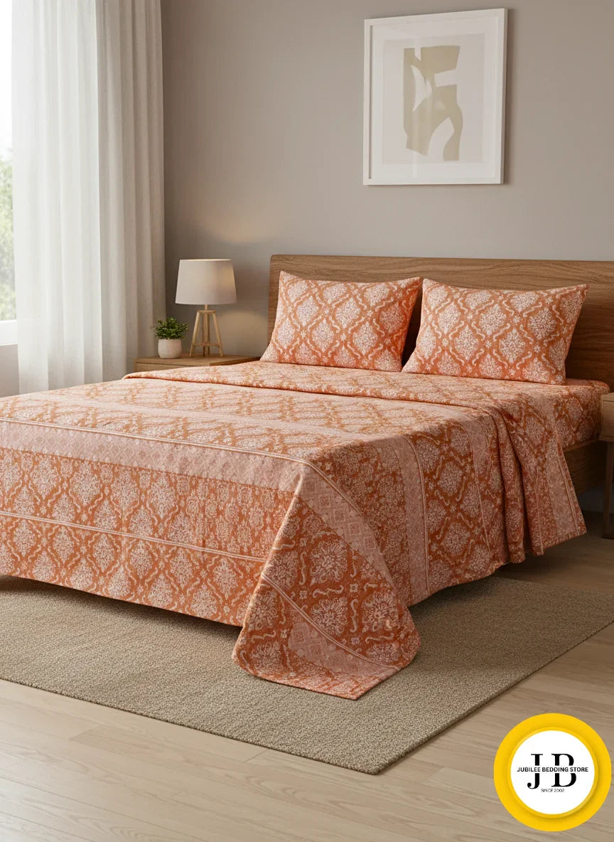 Elegant Orange Double Bedsheet – Smooth Texture, Premium Comfort