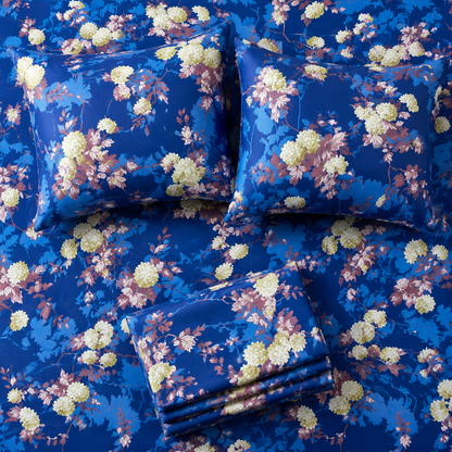 Mauve Hydrangea Bedsheet – Rich Blue Floral Satin Bedsheet