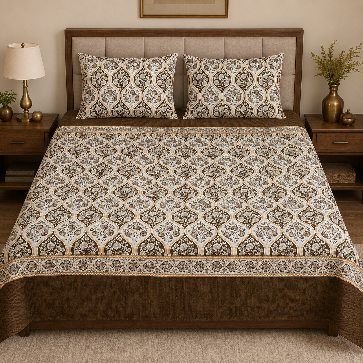 Mocha Royal Garden 🤎✨ Micro Cotton Bedsheet