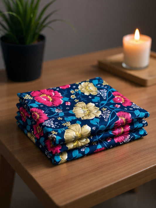 Premium Blue Bedsheet with Pink & Red Flowers – Elegant Cotton Design