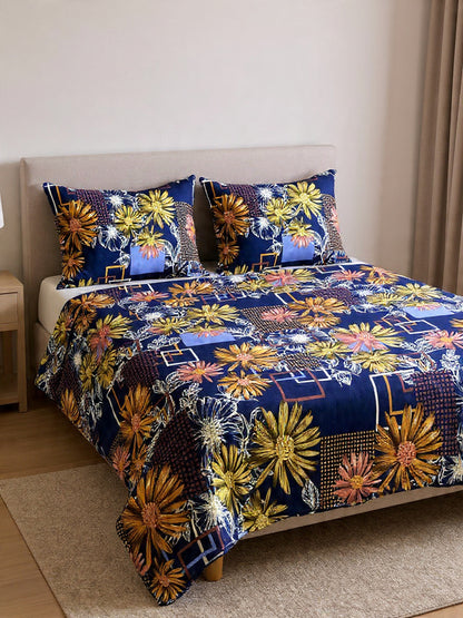 Blue Cotton Double Bed Sheet – Beautiful Floral Pattern