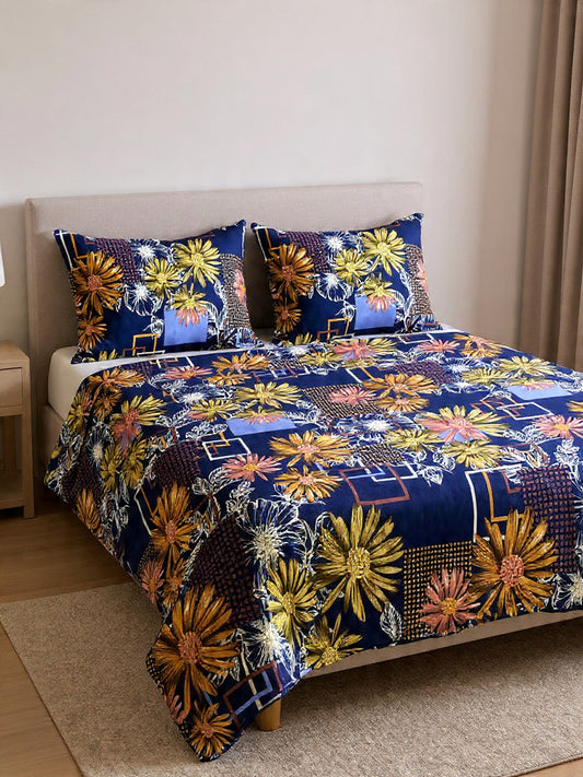 Blue Cotton Double Bed Sheet – Beautiful Floral Pattern