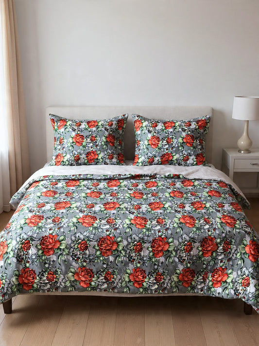 “Grey Botanical Charm Bedsheet – Elegant Pink & Red Floral Pattern, Premium Fabric”