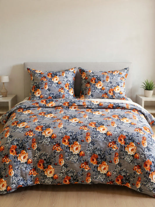 “Soft Grey Floral Bedsheet – Vibrant Pink & Red Flowers, Fade-Resistant Cotton”