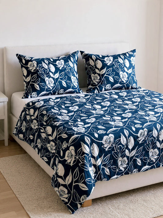 Deep Blue Bedsheet with Multi-Color Flowers – Soft & Wrinkle-Free