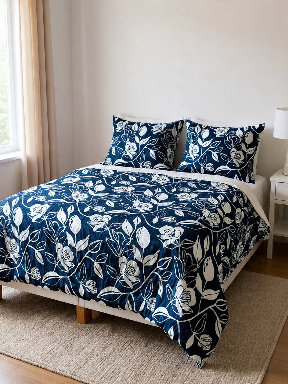 Deep Blue Bedsheet with Multi-Color Flowers – Soft & Wrinkle-Free
