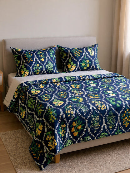 Royal Blue Bedsheet with Red & Pink Floral Design – Soft Cotton Double Bed Sheet