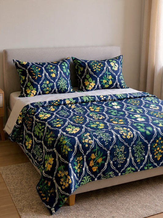 Royal Blue Bedsheet with Red & Pink Floral Design – Soft Cotton Double Bed Sheet