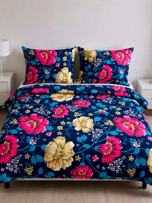 Premium Blue Bedsheet with Pink & Red Flowers – Elegant Cotton Design