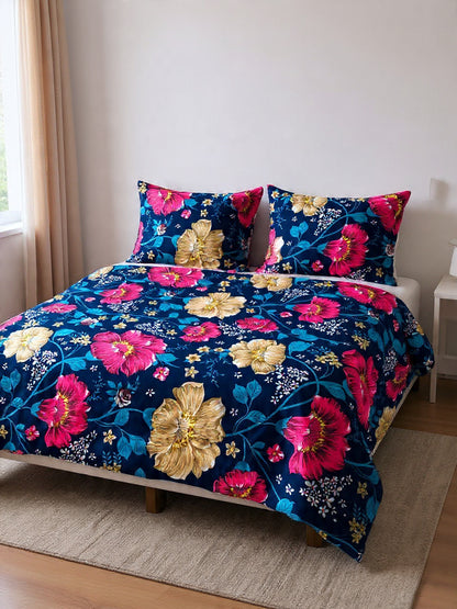 Premium Blue Bedsheet with Pink & Red Flowers – Elegant Cotton Design
