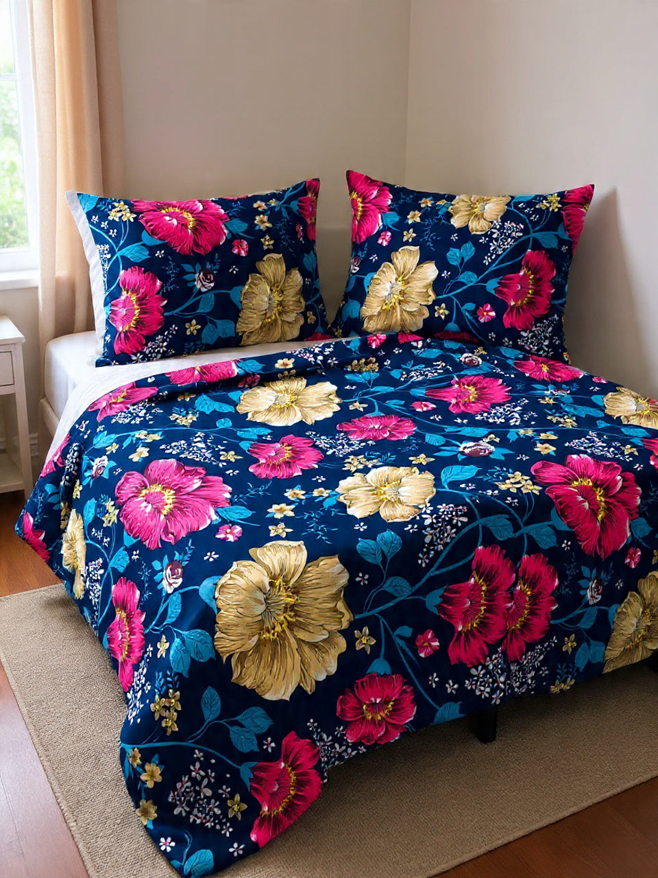 Premium Blue Bedsheet with Pink & Red Flowers – Elegant Cotton Design