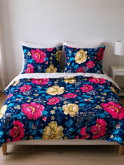 Premium Blue Bedsheet with Pink & Red Flowers – Elegant Cotton Design